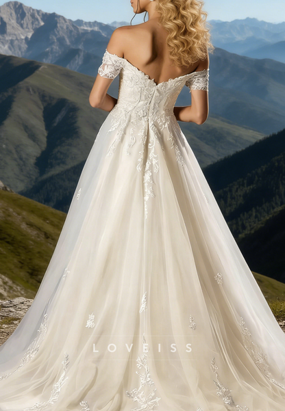 Off-Shoulder Tulle Lace Appliques A-Line Wedding Dress