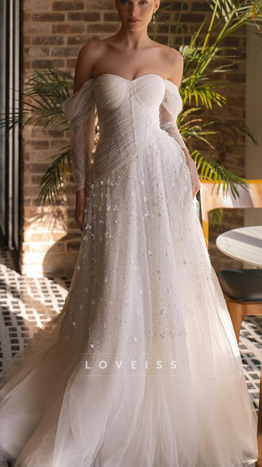 Off-Shoulder Tulle Pleated Appliques A-Line Wedding Dress
