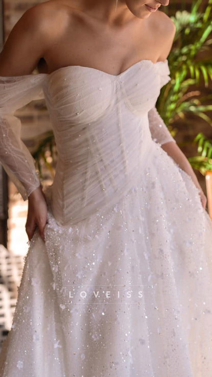Off-Shoulder Tulle Pleated Appliques A-Line Wedding Dress