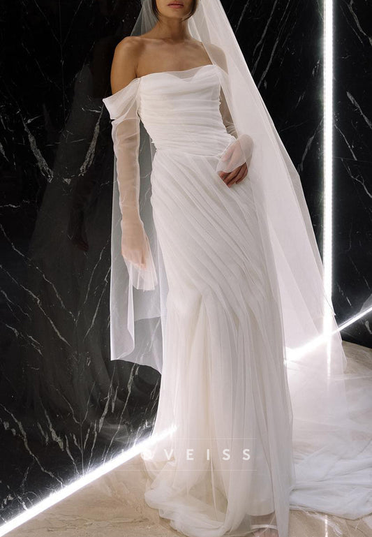 Off-Shoulder Mesh Ruched Sheath Wedding Dress