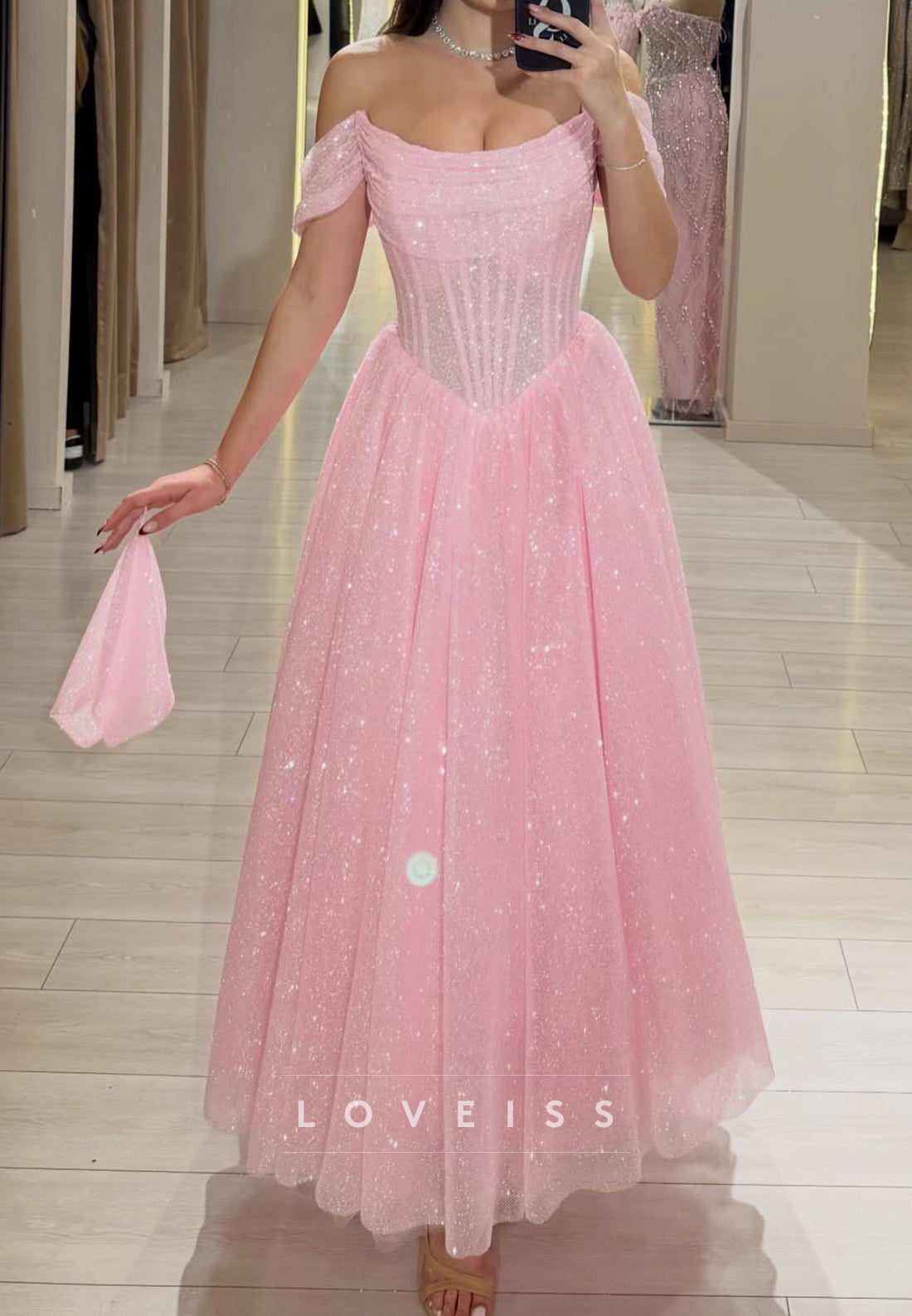 Off-Shoulder Tulle Sparkly A-Line Maxi Prom Dress