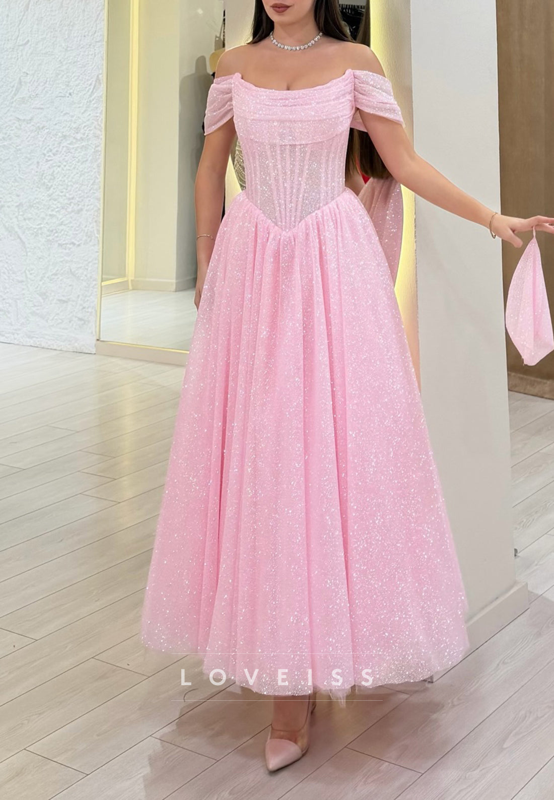 Off-Shoulder Tulle Sparkly A-Line Maxi Prom Dress