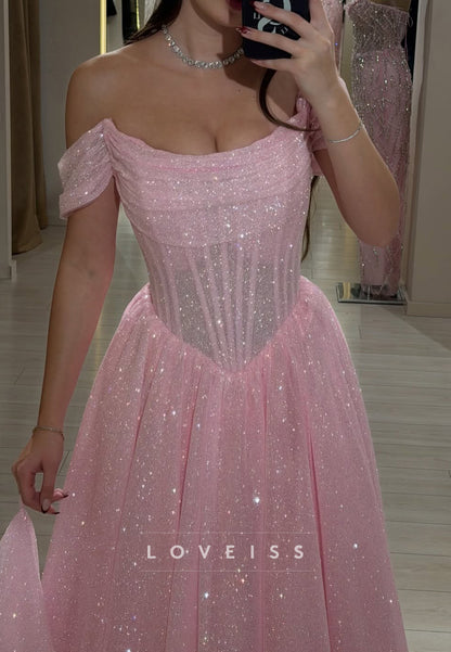 Off-Shoulder Tulle Sparkly A-Line Maxi Prom Dress