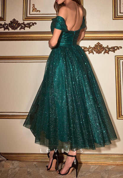 Off-Shoulder Tulle Sparkly Pleated A-Line Prom Dress
