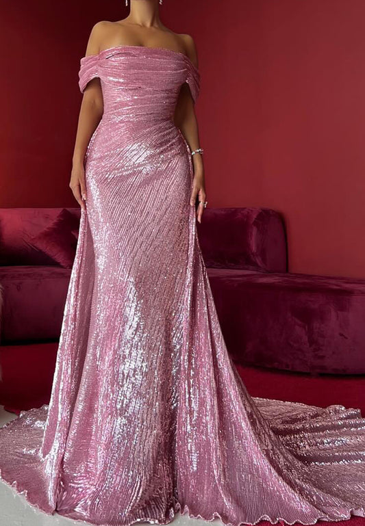 Off-Shoulder Sleeveless Sparkly Mermaid Evening Dress