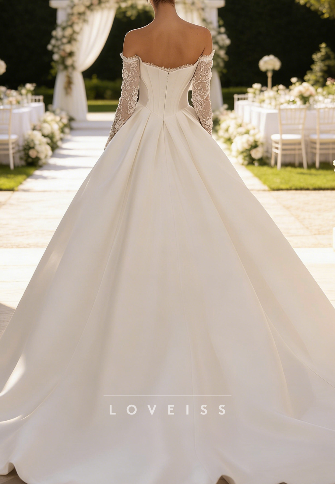 Off-Shouldr Long Sleeves Appliques Satin A-Line Wedding Dress