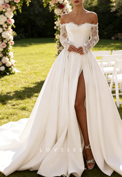 Off-Shouldr Long Sleeves Appliques Satin A-Line Wedding Dress