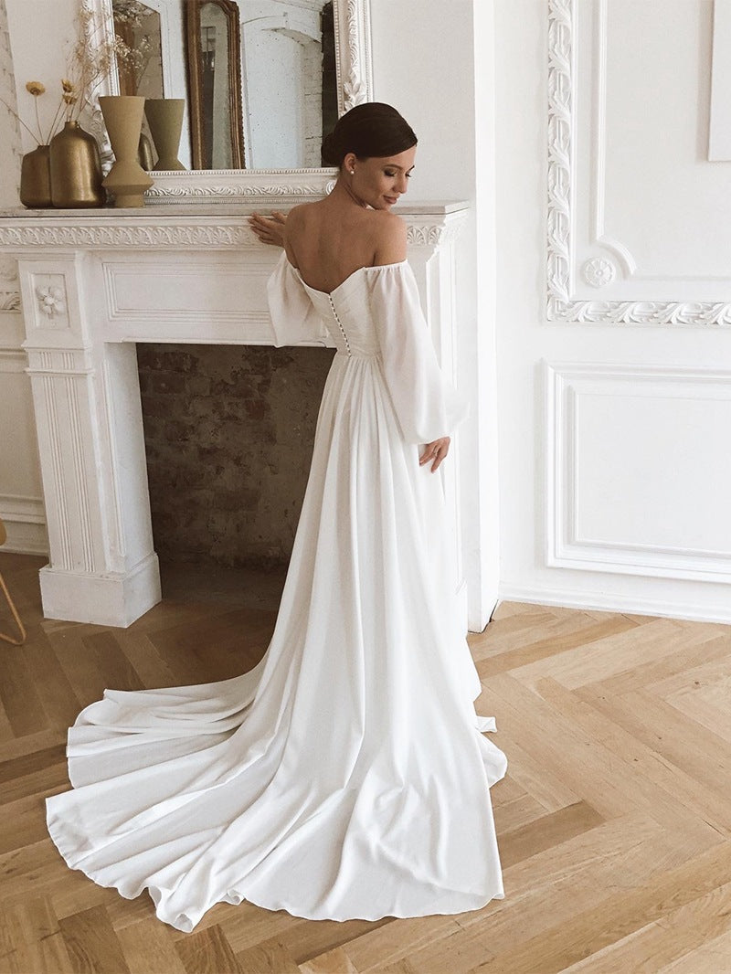 Off the Shoulder Chiffon Beach Puff Sleeve Wedding Dresses
