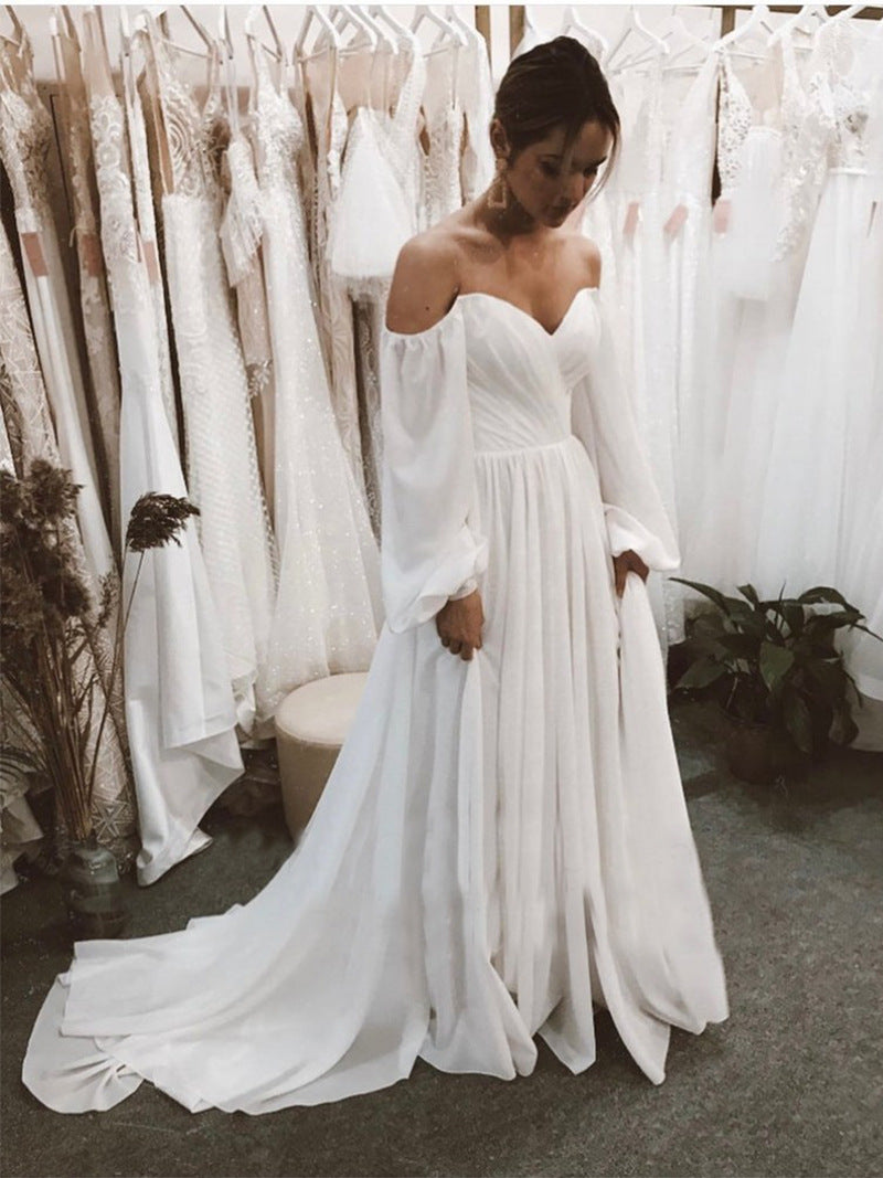 Off the Shoulder Chiffon Beach Puff Sleeve Wedding Dresses