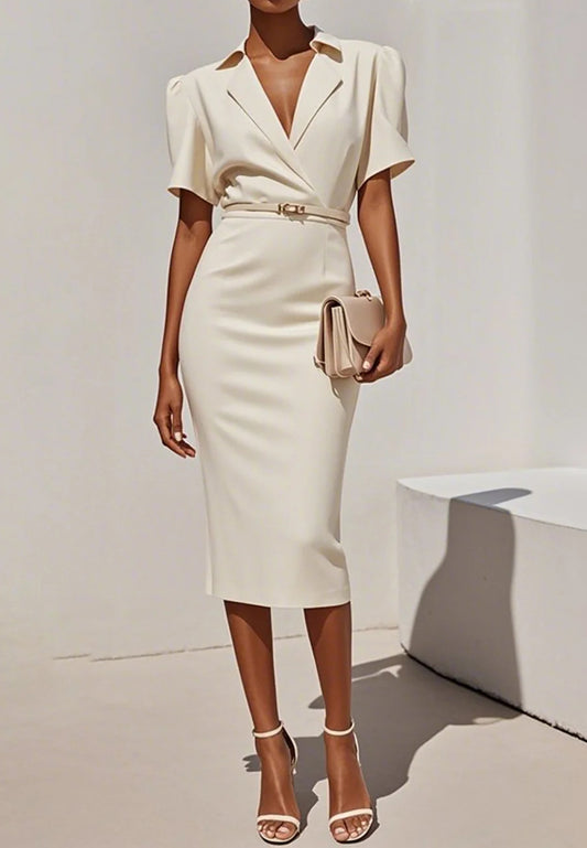 Off White Lapel Collar Sheath Midi Blazer Dress