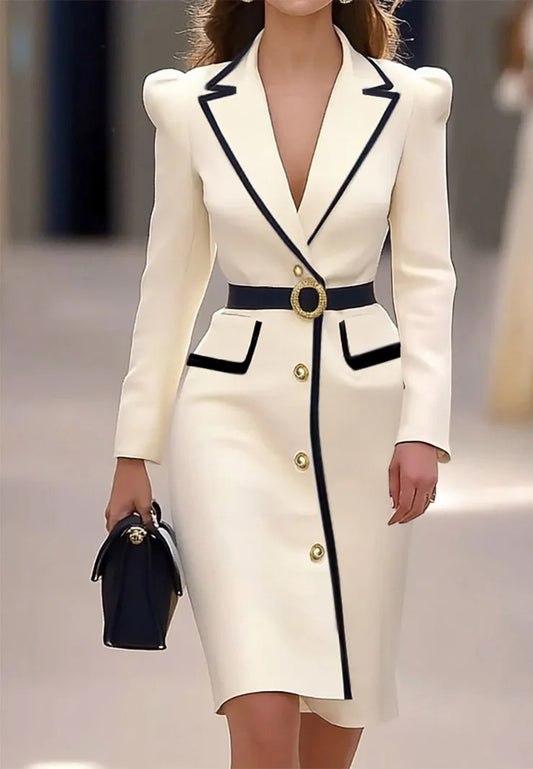 Off White Piping Lapel Collar Long Sleeve Sheath Midi Blazer Dress