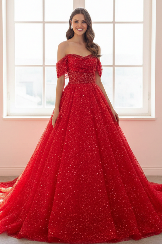 Off-Shoulder Beaded Embroidery A-Line Prom Dress