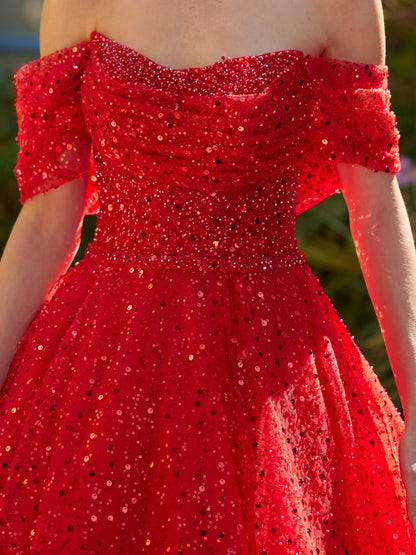 Off-Shoulder Beaded Embroidery A-Line Prom Dress