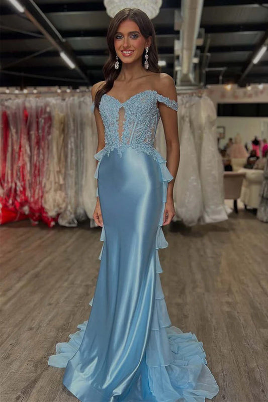 Off the Shoulder Corset Light Blue Prom Dress with Appliques