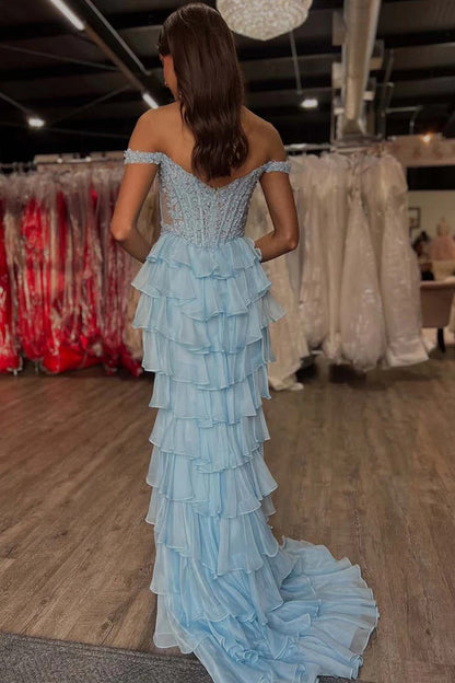 Off the Shoulder Corset Light Blue Prom Dress with Appliques