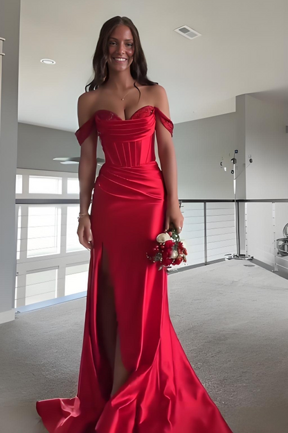 Off the Shoulder Red Mermaid Long Dress with Diamond