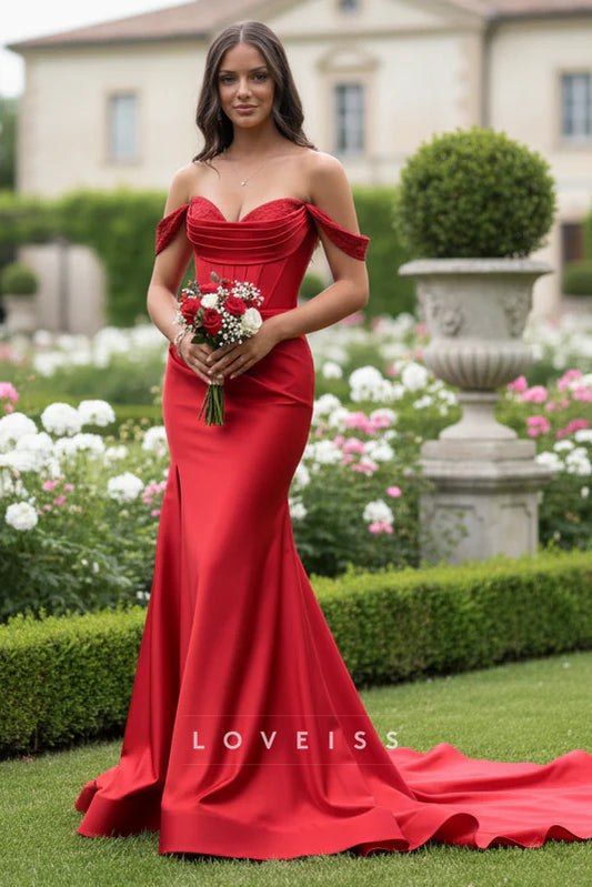 Off the Shoulder Red Mermaid Long Dress with Diamond