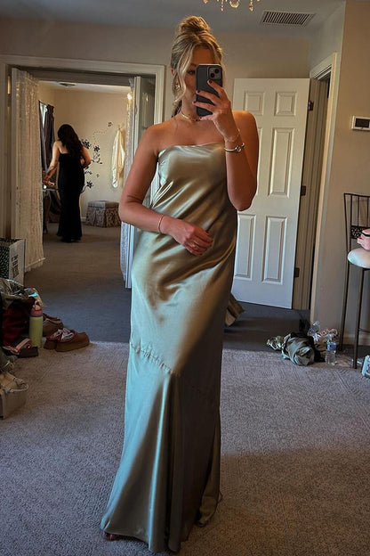 Olive Green Strapless Satin A-line Long Prom Dress