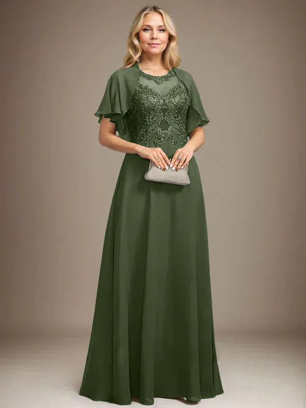 A-line Scoop Illusion Floor-Length Lace Chiffon Mother of the Bride Dress With Sequins