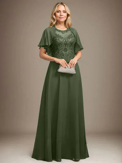 A-line Scoop Illusion Floor-Length Lace Chiffon Mother of the Bride Dress With Sequins