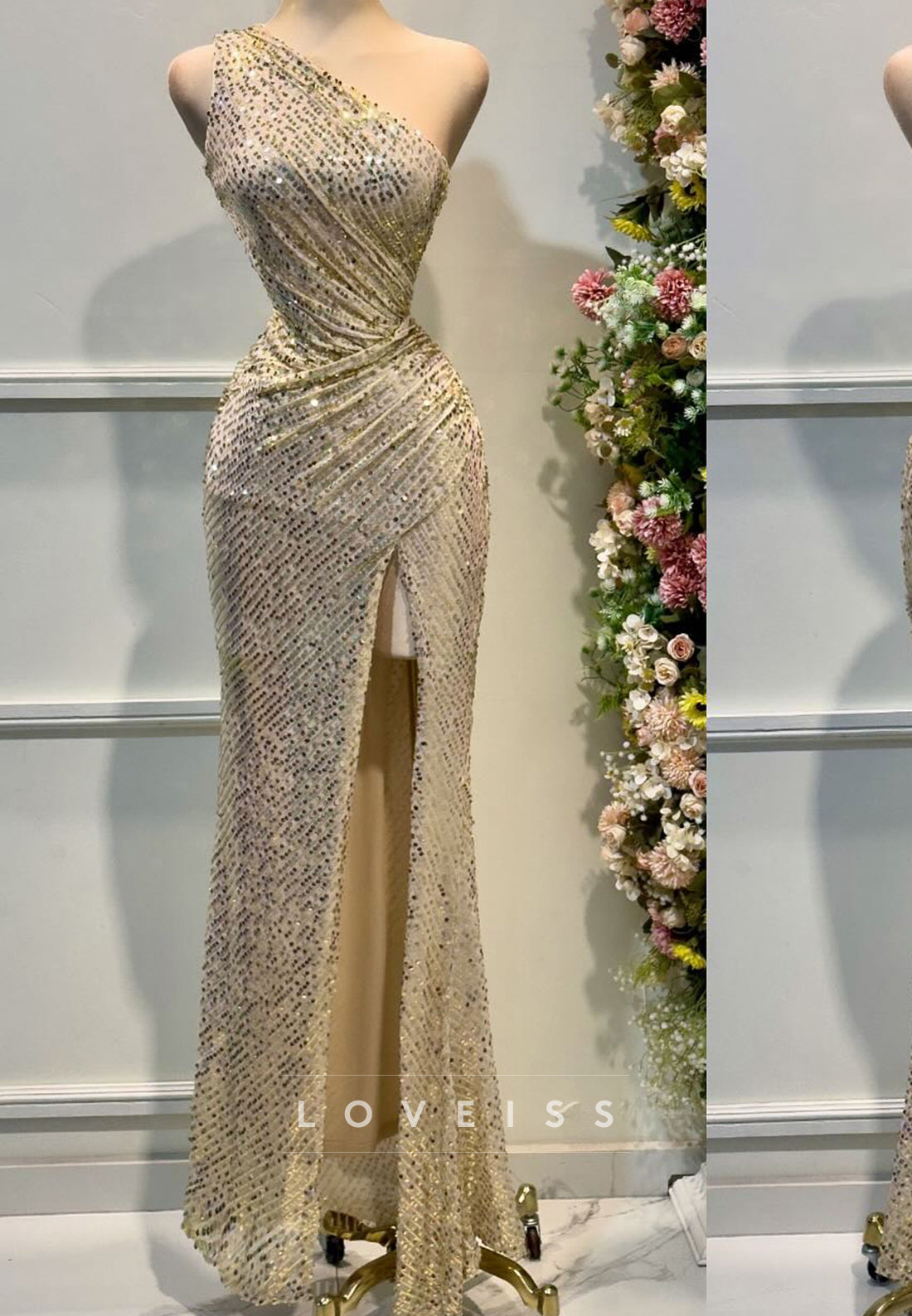 One Shoulder Sequins Sleeveless Side Slit Sheath Prom Dress