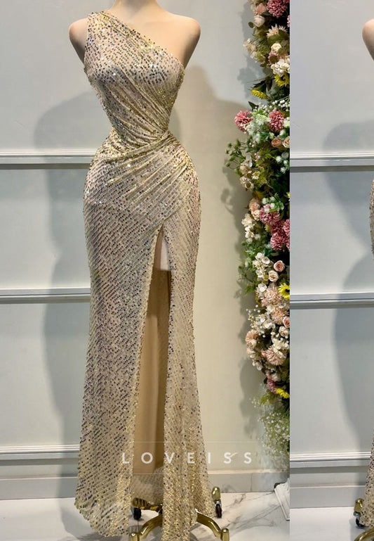 One Shoulder Sequins Sleeveless Side Slit Sheath Prom Dress