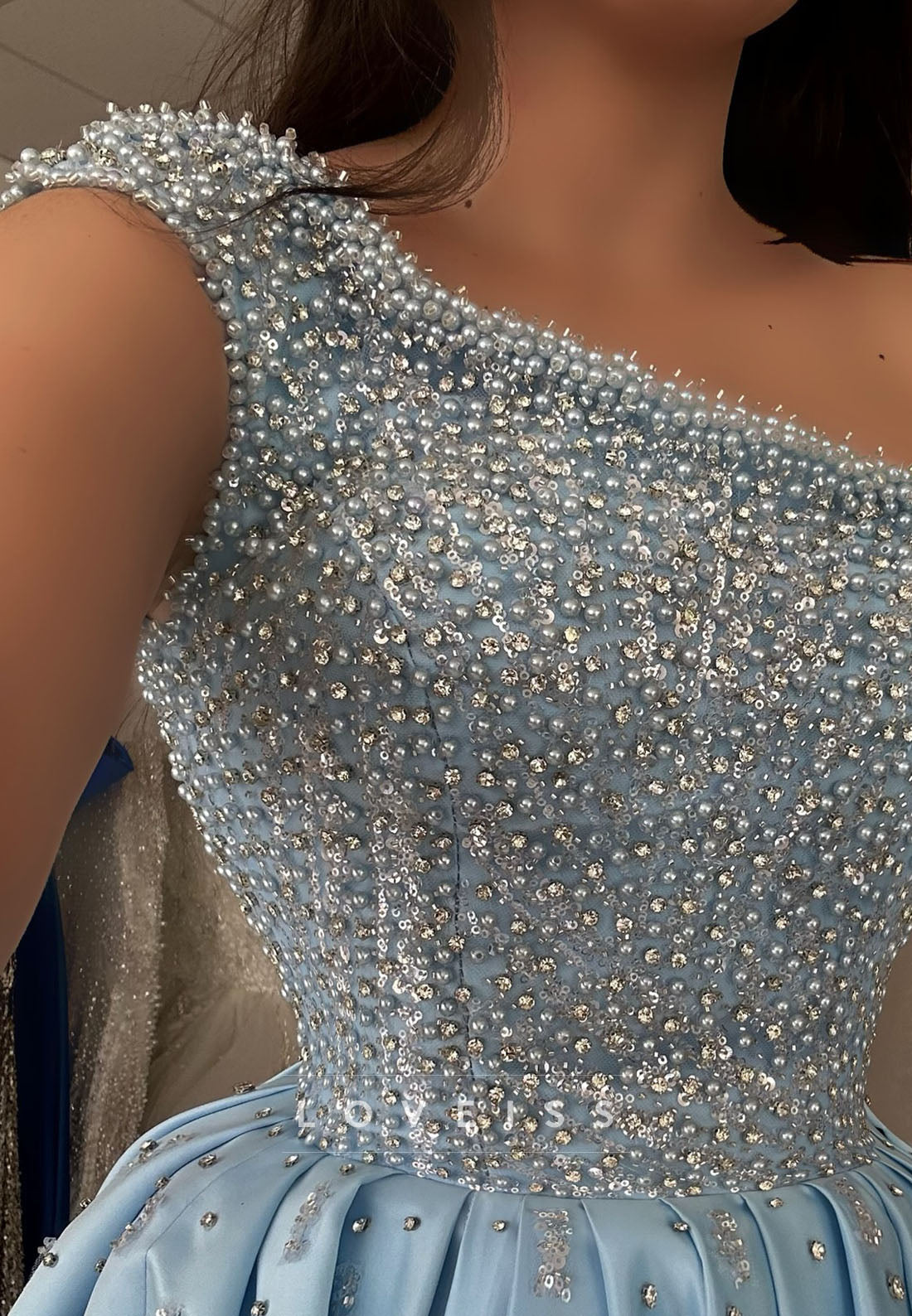 One Shoulder Sleeveles Beaded Sparkly Satin A-Line Prom Dress