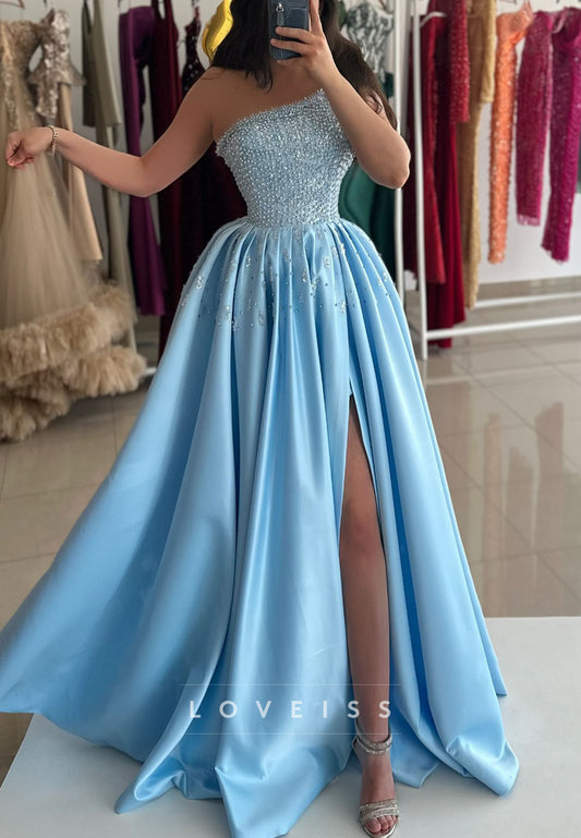 One Shoulder Sleeveles Beaded Sparkly Satin A-Line Prom Dress