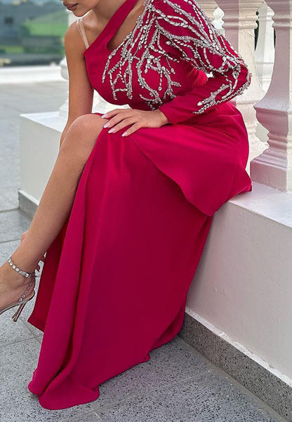 One Shoulder Beaded Sleek Mother of Bride Dress A-Line Evening Dress