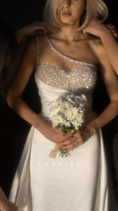 One Shoulder Beaded Sleeveless Mermaid Satin Wedding Dress