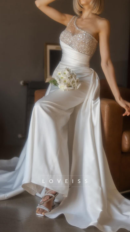 One Shoulder Beaded Sleeveless Mermaid Satin Wedding Dress