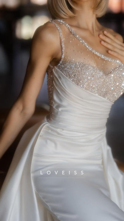 One Shoulder Beaded Sleeveless Mermaid Satin Wedding Dress