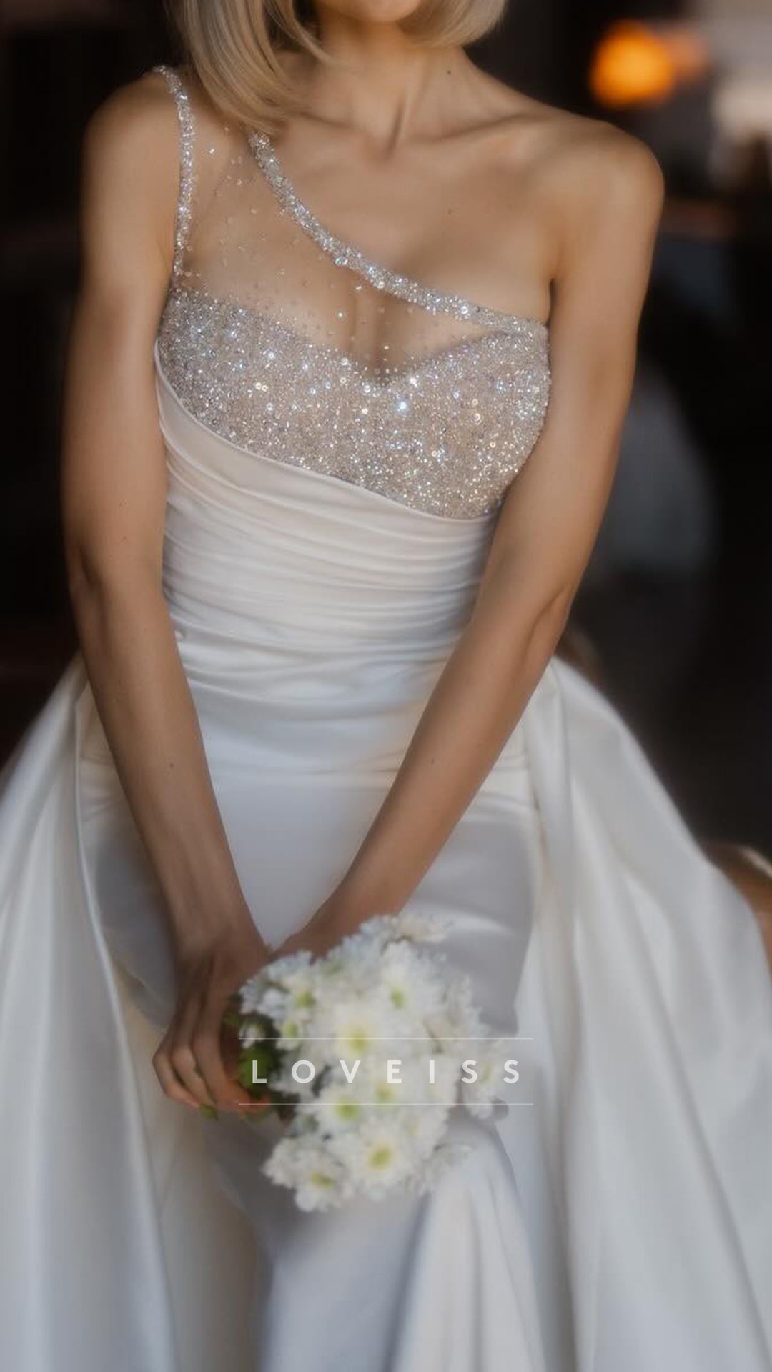 One Shoulder Beaded Sleeveless Mermaid Satin Wedding Dress
