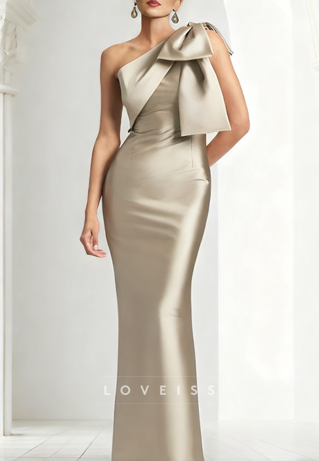 One Shoulder Bow Sleeveless Satin Mermaid Mother of Bride Dress