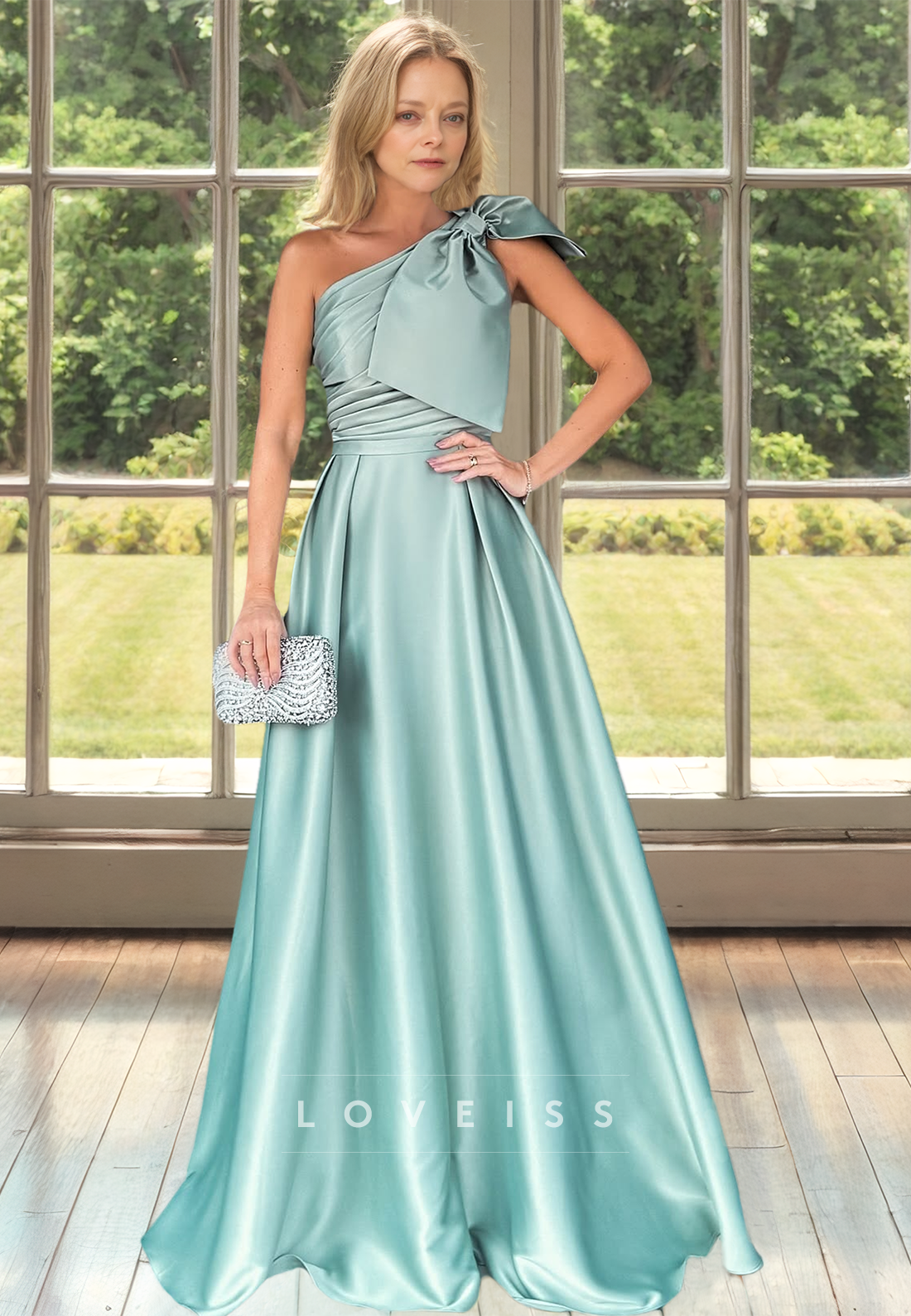 One Shoulder Bowknot Sleeveless Sleek Pleated Satin A-Line Mother of Bride Dress