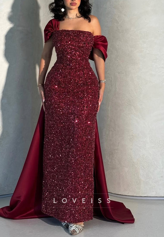 One Shoulder Cap Sleeves Sequins Sparkly Sheath Evening Dress