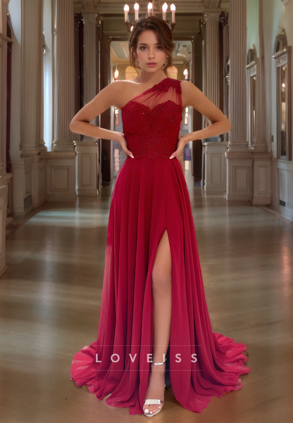 One Shoulder Chiffon Appliques A-Line Prom Dress