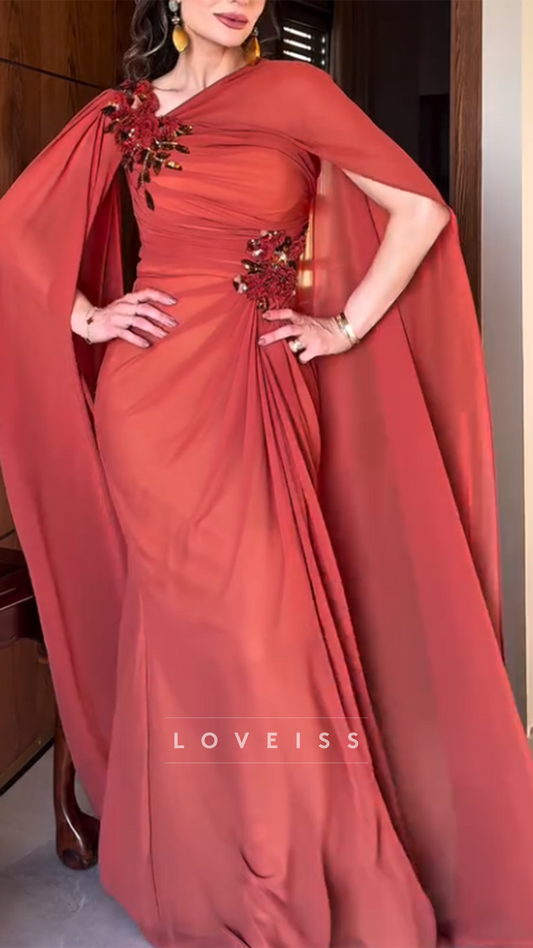 One Shoulder Chiffon Appliques Sheath Evening Dress