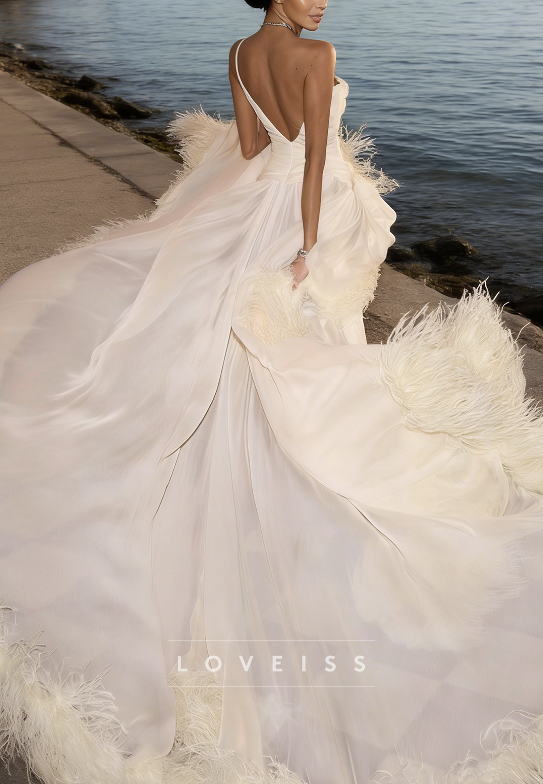 One Shoulder Feathered Evening Dress Pleated A-Line Wedding Dress