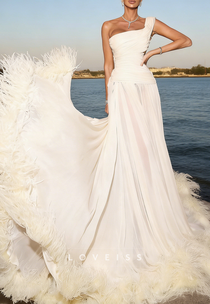 One Shoulder Feathered Evening Dress Pleated A-Line Wedding Dress