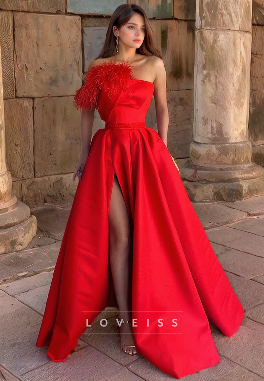 One Shoulder Feathered Sleeveless Pleated A-Line Prom Dress