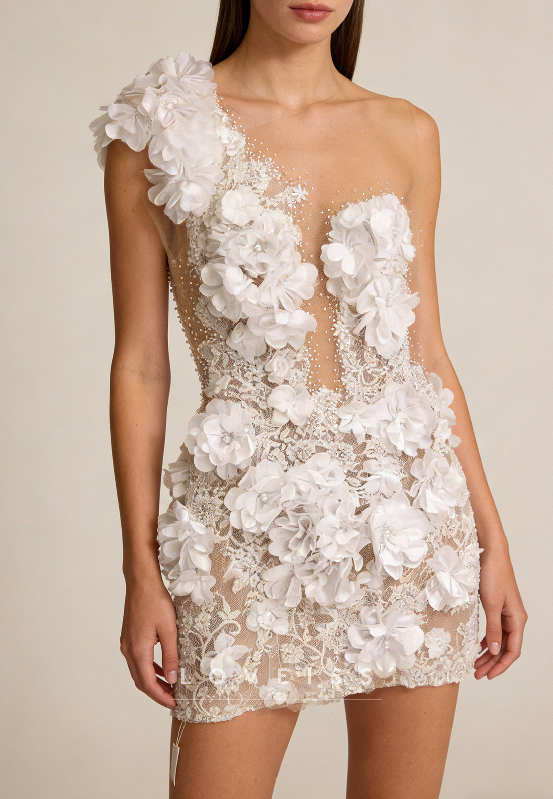 One Shoulder Floral Embellished Short Sheath Wedding Dress