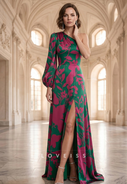 One Shoulder Floral Printed A-Line Mother of Bride Dress