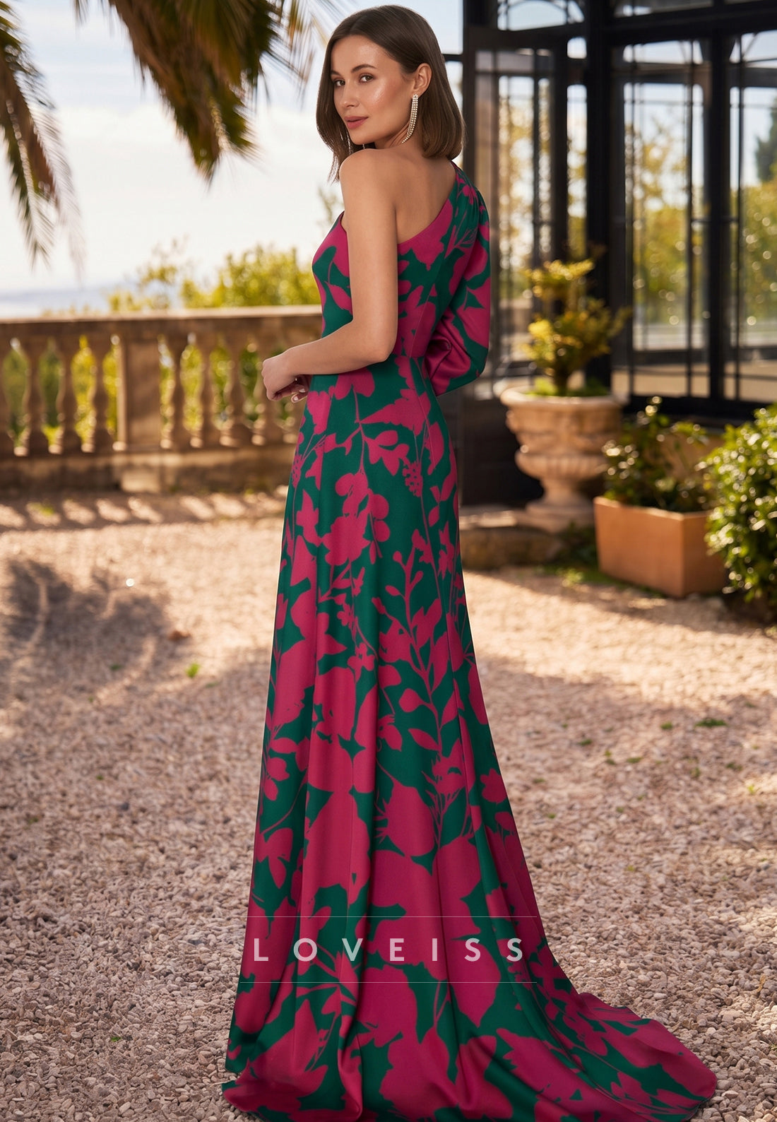 One Shoulder Floral Printed A-Line Mother of Bride Dress