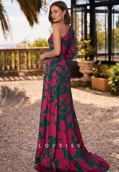 One Shoulder Floral Printed A-Line Mother of Bride Dress