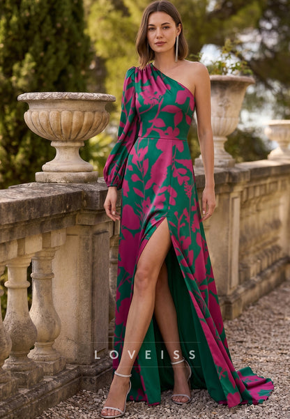 One Shoulder Floral Printed A-Line Mother of Bride Dress