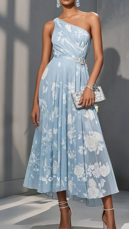 One Shoulder Floral Printed A-Line Wedding Guest Dress
