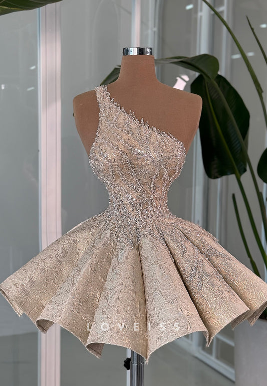 One Shoulder Floral Printed Beaded A-Line Party Homecoming Dress