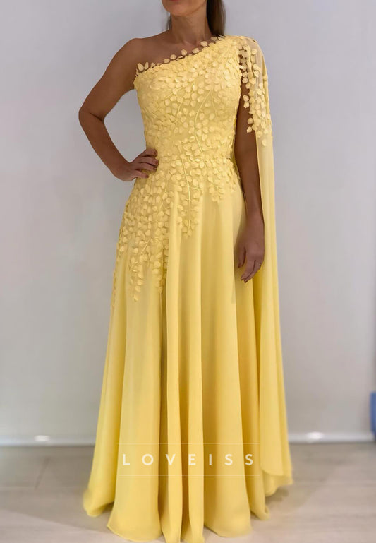 One Shoulder Long Sleeves Appliques A-Line Mother of Bride Dress
