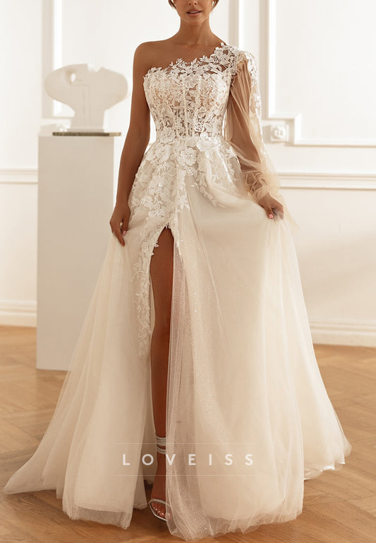 One Shoulder Long Sleeves Appliques A-Line Wedding Dress